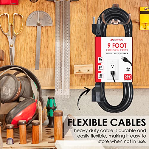 Digital Energy 3 Prong 9 Foot Long Indoor Outdoor Extension Cords 2 Pack - 9Ft Black Heavy Duty Grounded Power Cords, Ul Listed #TOP4