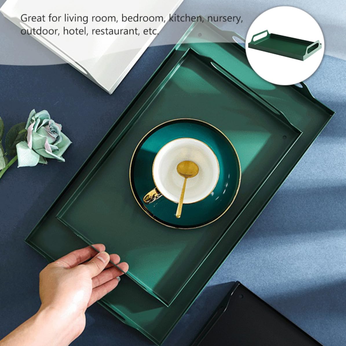GANAZONO Bandeja de Metal Rectangular Verde con Asas para almacenar Frutos Secos y Servir Aperitivos en Fiestas y Celebraciones