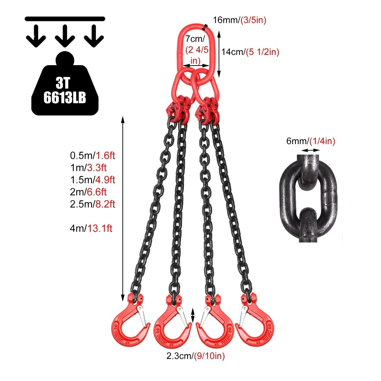 Engine Lift Chain with Hooks, Lifting Chains Rigging 1/4inch Chain with Butterfly Style Buckle, Grade 80 Alloy Steel Chain for Cargo Security Towing and Handling(Load 3 Ton L 4 M (13.1 FT) 4 Hook)