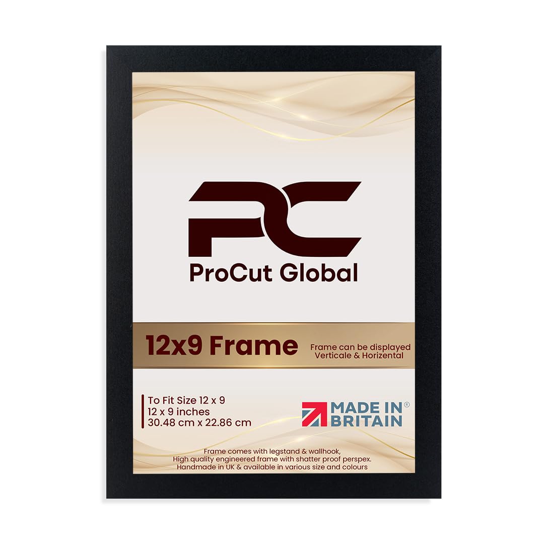 Procut Global 12X9 Black Picture Frames – Sleek Wooden Photo Frame with Shatterproof Perspex for Wall or Tabletop – Perfect for Posters, Certificates, Prints–Multiple Sizes & Colors Available