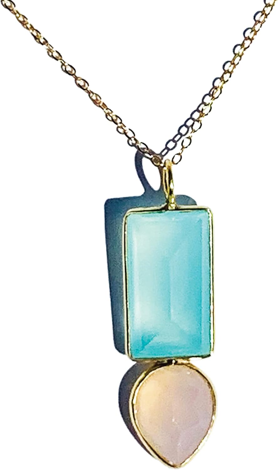 Sky Blue Pink Chalcedony Gemstone Necklace, Natural Agate Pendant, 925 Sterling Silver 14K Gold Plated, Black Onyx Blue Chalcedony, Handmade Boho Minimal Jewelry, Daily Wear Gift for Her