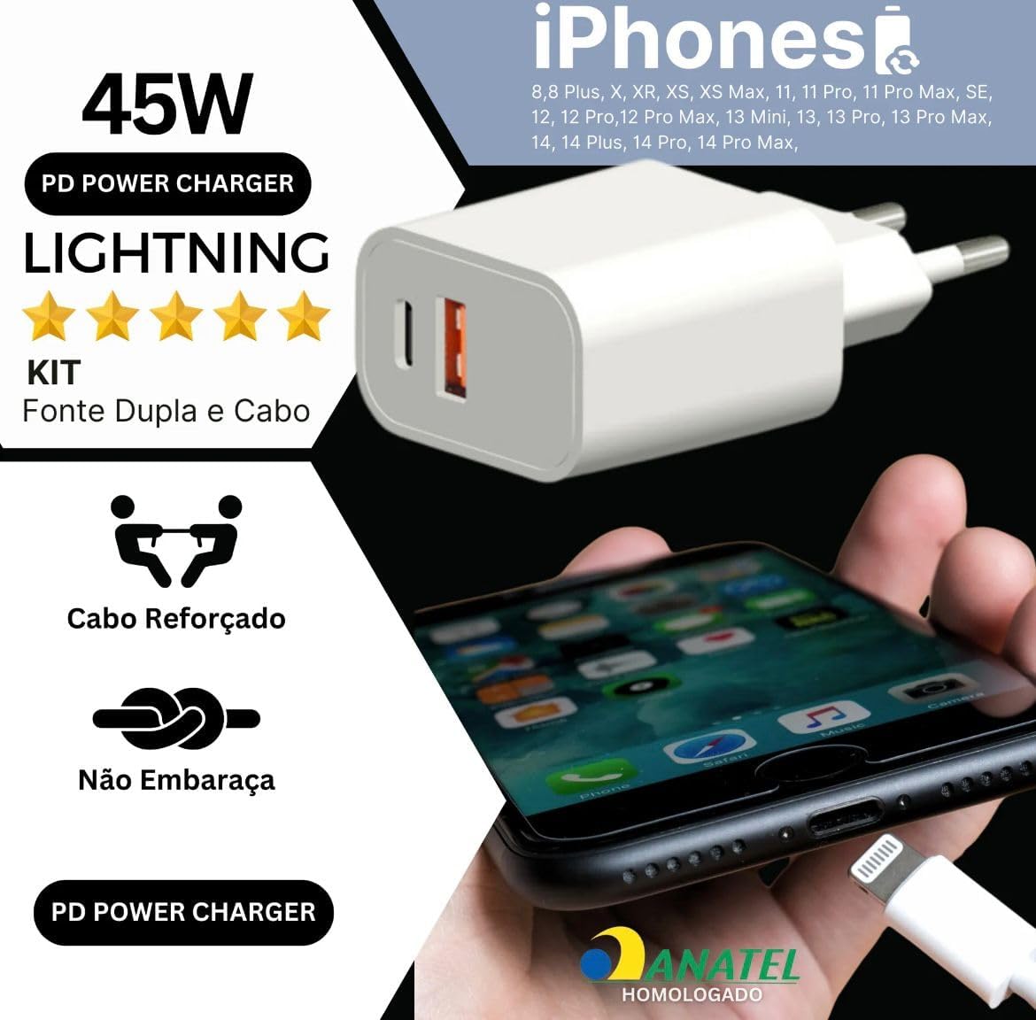 Carregador Iphone Super Turbo 45W - 2 Saídas USB-C e USB-A, acompanha Cabo Lightning Emborrachado de 1M Ultra Rapido (Tipo-C para IOS), Compatível com iPhone 8 ao 14 - Certificado ANATEL