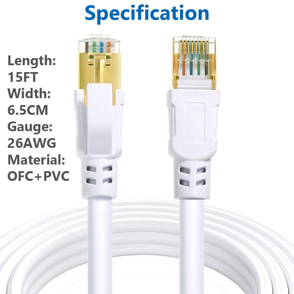 Kabel Ethernet Cat 8 o długości 4,6 m, szybki Internet LAN 2000 MHz, 40 Gb/s, RJ45, kable do gier, Xbox, PS4, modemem, routerem, kompatybilny z siecią Cat7/Cat6e/Cat5e, biały
