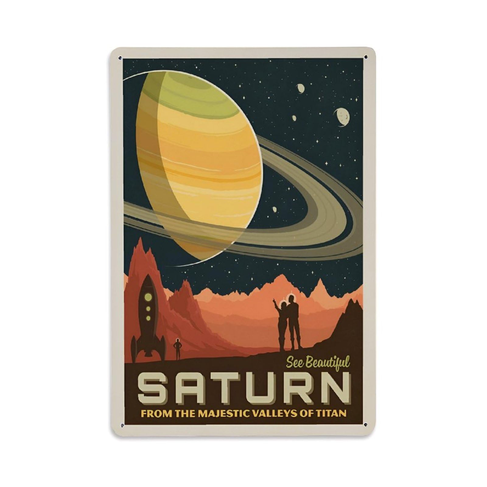 Vintage Space Poster Saturn From The Valleys Of Titan Metal Tin Sign Wall Decor for Cafe, Club, Garden Metal Poster 8x12Inch