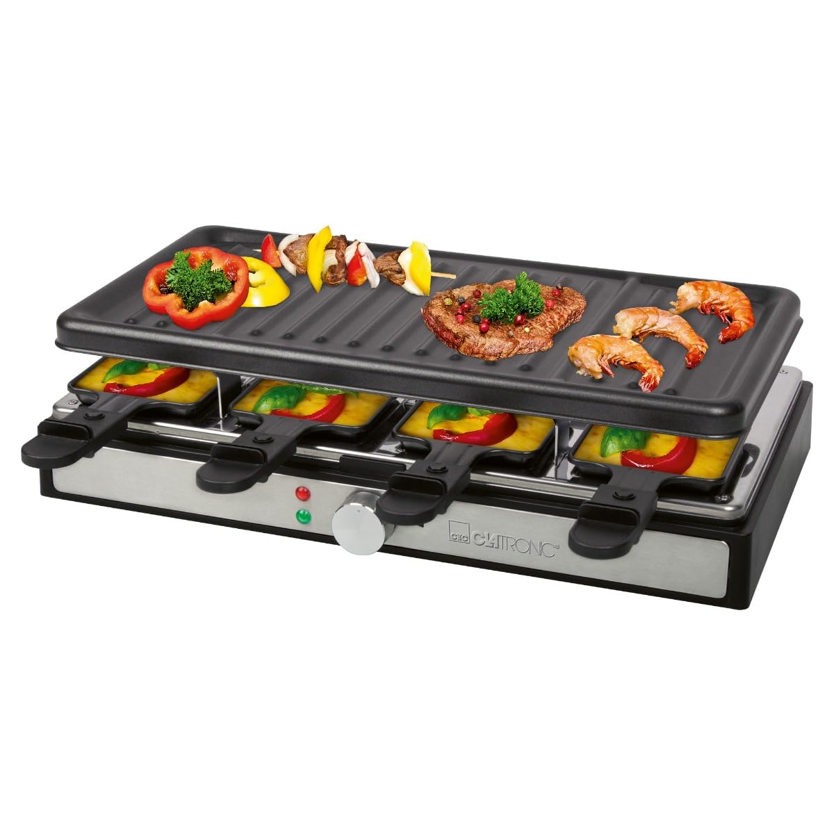 Clatronic® Raclette per 8 persone con piastra rimovibile | Raclette Grill con rivestimento antiaderente | incl. 8 padelle | Raclettes con alloggiamento Cool Touch | RG 3757