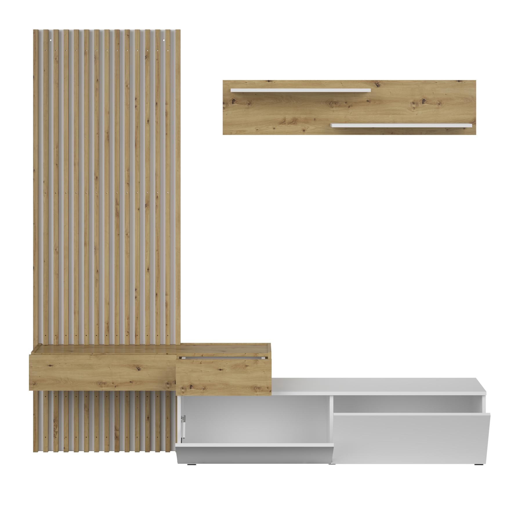 Homely - Mueble de Salón Modular Rebeka | Conjunto 2 Muebles de 209 cm.| Muebles Salón Completo | Mueble para Televisión + Mueble Bajo + Panel Decorativo + Estantería Alta | Color Blanco y Artisan