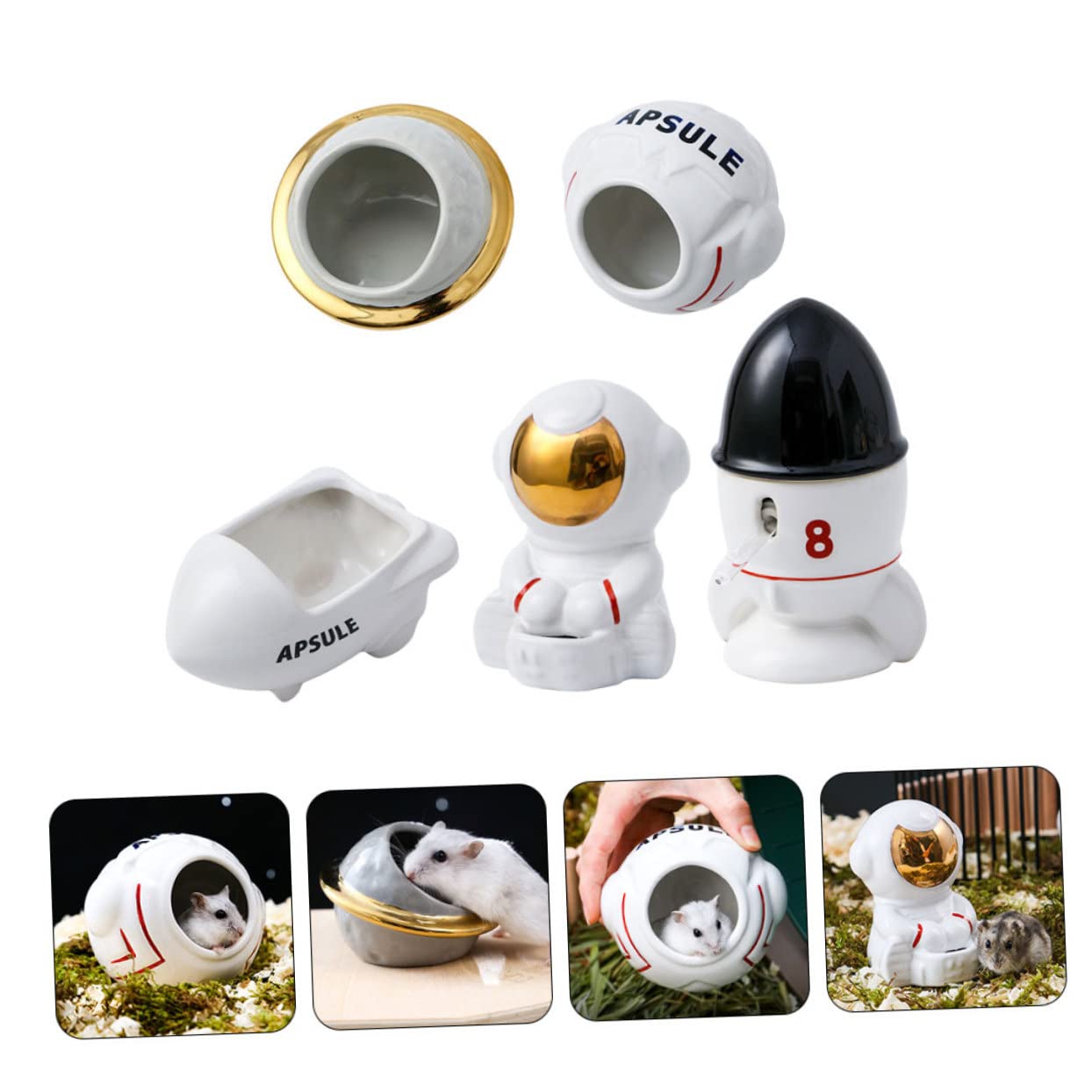 ORFOFE 1juego Comederos Cerámicos para Hámster Temática Espacial Incluye Plato De Comida Bebedero De Astronauta y Bañera para Mascotas Pequeñas Accesorios para Hámster y Cobayas