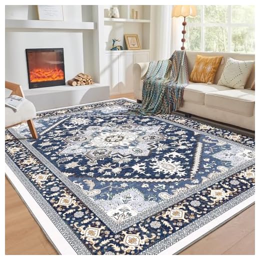 OPPODREAM Soft 8x10 Area Rugs, Washable Rugs 8x10 with Non Slip Backing, Faux Cashmere Low-Pile 8 x 10 Carpet, Navy Blue & Gold