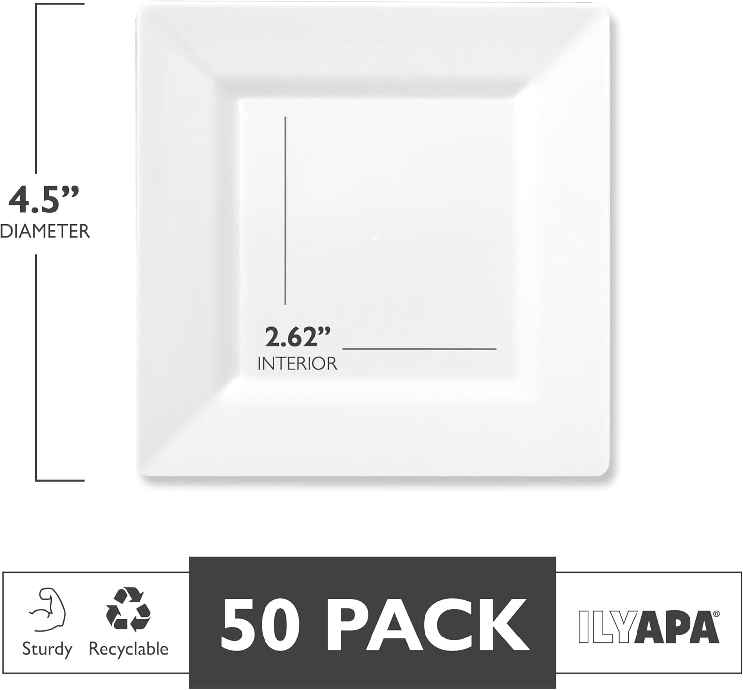 Ilyapa 50 White Square Disposable Plates - 4.5" Inch, Plastic Disposable Mini Square White Plates, for Appetizers, Dessert, & Tasting