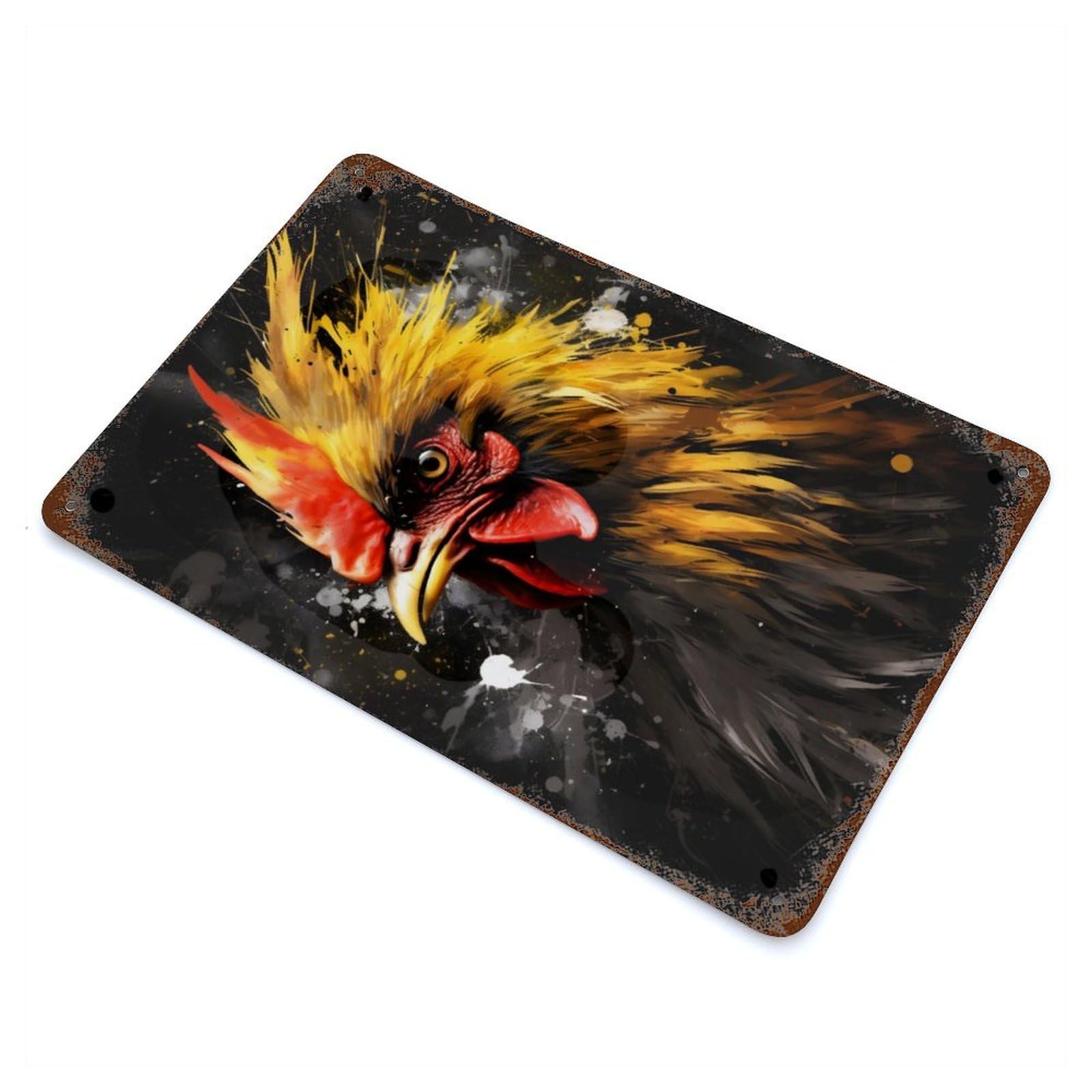 Golden Rooster Painting Vintage Wall Sign 11.8"x7.9", Rust Effect Metal Decor for Bistro, Counter And Cafe Decor