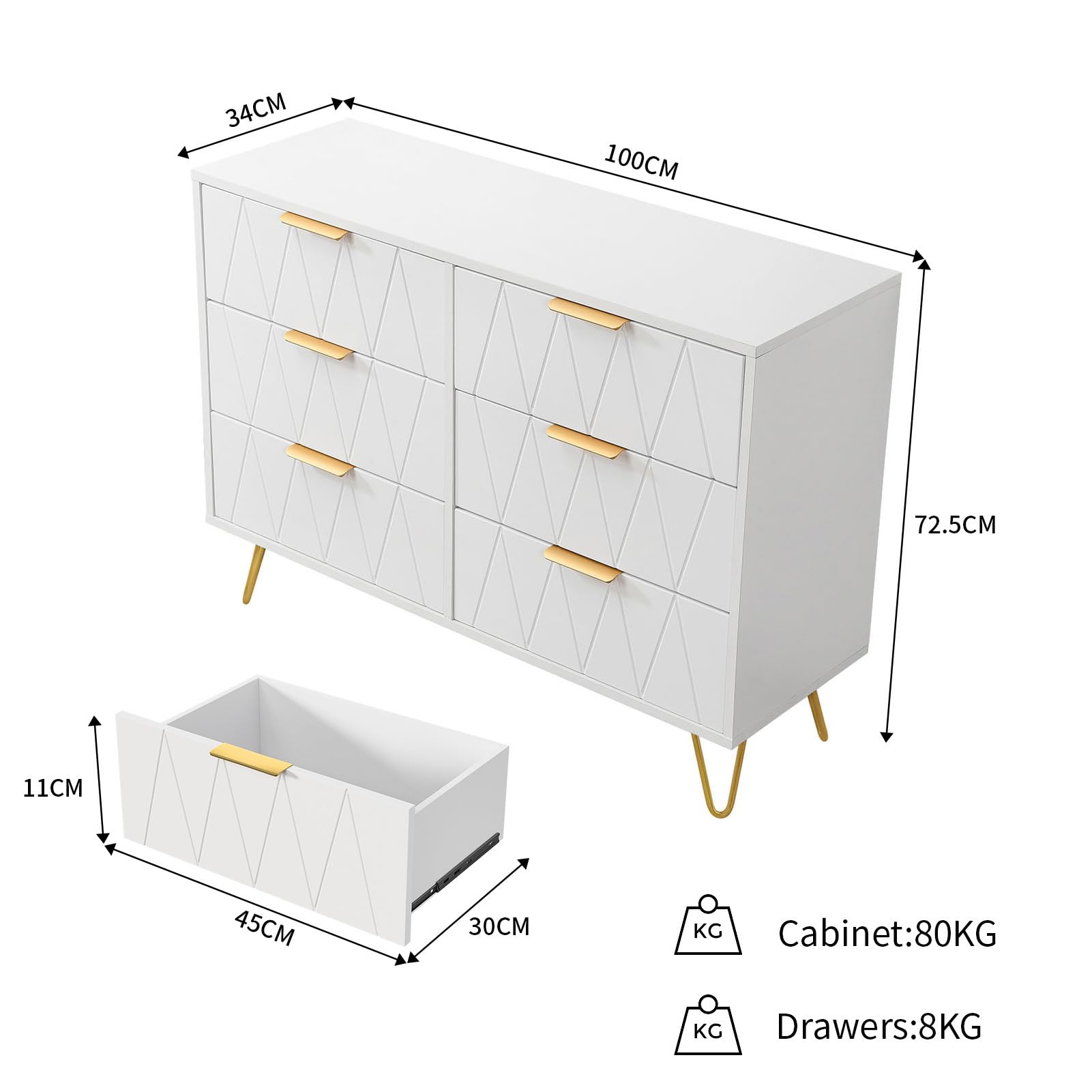 Biała komoda z 6 szufladami, komoda do sypialni, szafka do przechowywania z metalowymi nogami, złoty uchwyt, do sypialni, salonu, 100 x 34 x 72,5 cm (biały, B, 100 cm)