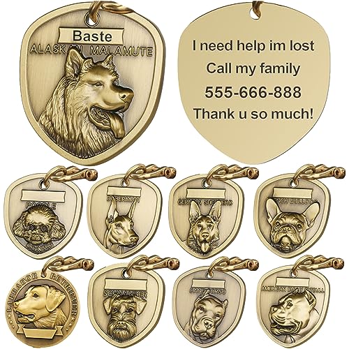 ZQDJ-Retro Pure Copper Three Dimensional Embossed Pet Pattern Dog Name Id Tags Personalized for Pets Custom Engraved Dog Tag (Alaskan Malamute)