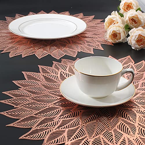 Mabbcoo Placemats Set Of 6, Round Hollow Out Flowers Place Mats For Dining Table Pressed Vinyl Blooming Leaf Table Mats For Holiday Party Wedding Accent Centerpiece Dinner Table Decoration (Rose Gold) #TOP4