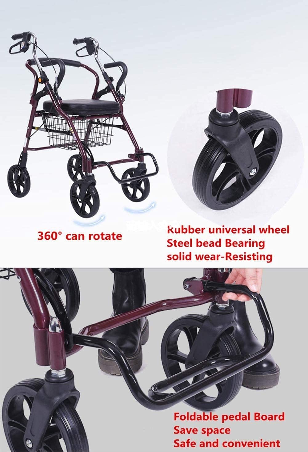 Carrello Portaoggetti Multifunzionale, Sedie a Rotelle, Sedia a Rotelle per Anziani, Carrello Della Spesa Pieghevole a 4 Ruote in Alluminio Leggero con Sedile Imbottito, Freni Bloccabili e Cest