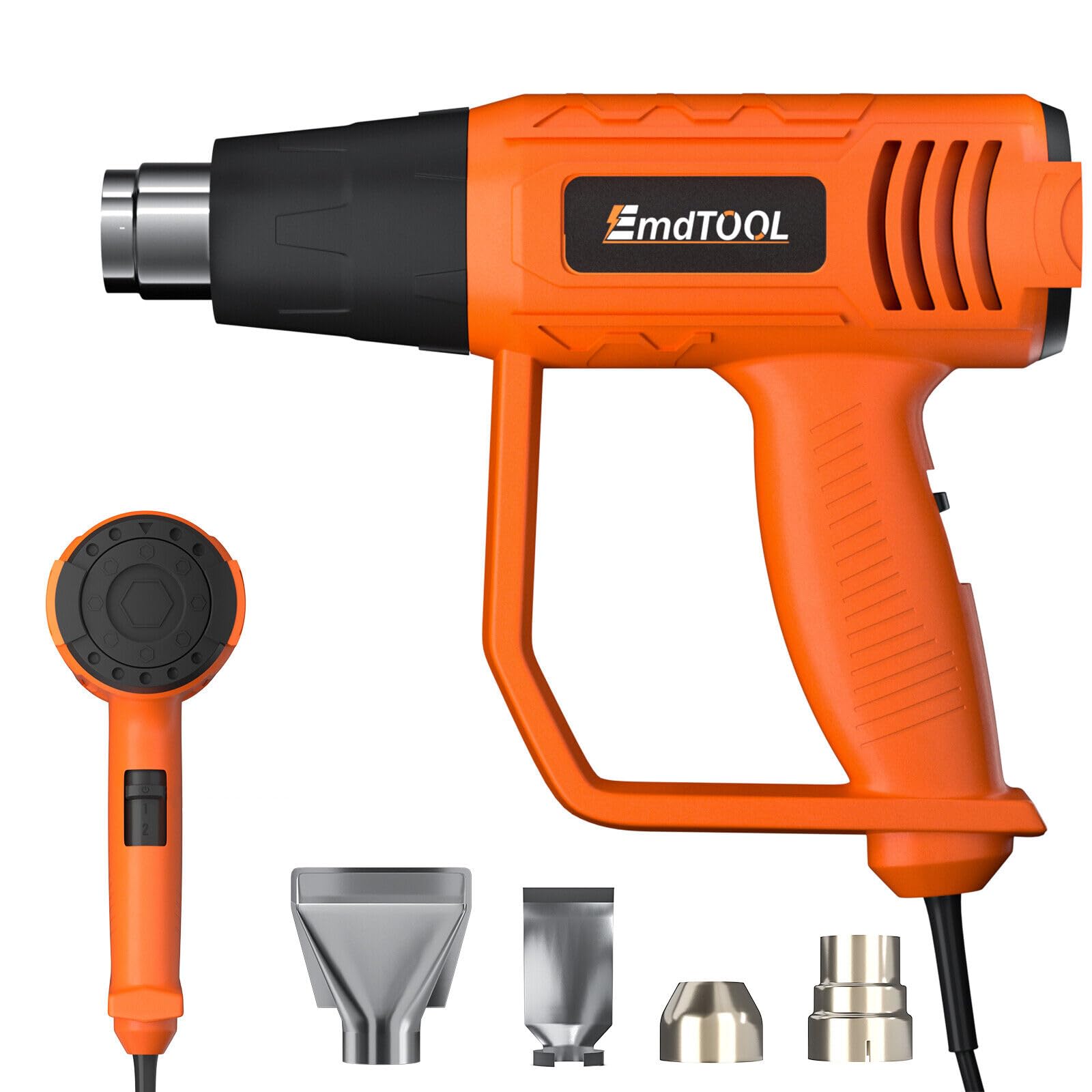 Heat Gun 2000W, Hot Air Gun with 4 Nozzles, Dual-Temperature Settings 300℃ & 600℃, Air Flow 300L/min & 500L/min for Craft Embossing, Shrink Wrapping and Stripping Paint, Orange