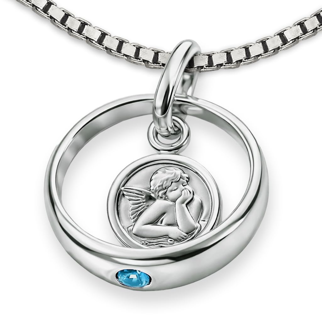 CLEVER SCHMUCK Taufring Kette Silber Schutzengel hellblau + Veneziakette 36 cm glänzend Sterling 925 Taufgeschenk im Etui hellblau