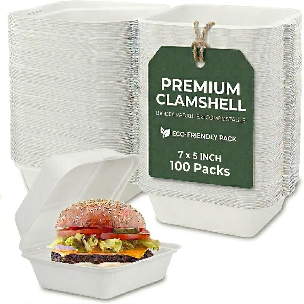 VylEco Eco-Friendly Clamshell Takeaway Boxes – Disposable Food Containers with Lid, Biodegradable Sugarcane Bagasse, Leak Resistant & Microwave Safe (7x5 Inch (Pack of 100))