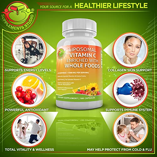 Liposomal Vitamin C Powder Capsules - 1500Mg - Organic Acerola Cherries High Potency Vitamin C Liposomal - Immune Support Supplement With Enhanced Absorption & Bioavailability - 180 Count #TOP3