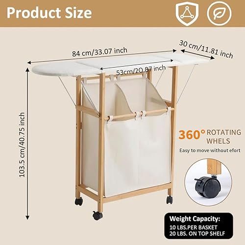 Miniatura 6 de Mesa de lavandería con tabla de planchar, estación plegable de bambú con ruedas, clasificadores de lavandería de 2 secciones para lavandería, baño,