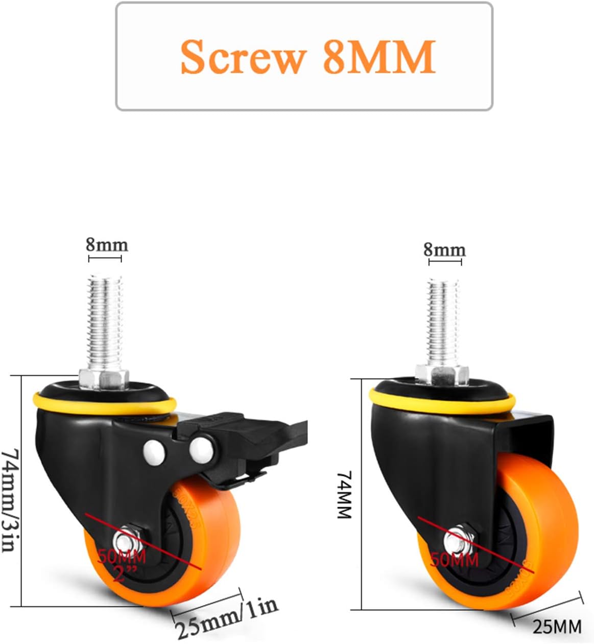 Heavy-Duty 2-Inch Rubber Swivel Cs Industrial Polyurethane Wheels Quiet & Perfect for Carts Equipment & Machinery 8mm Stem Smooth Mobility