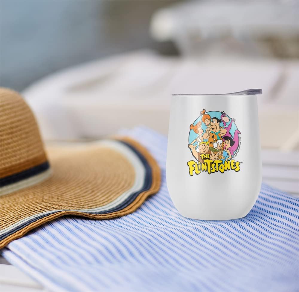 Flintstones OFFICIAL Group 12 OZ Stemless Wine Tumbler, Stainless Steel Travel Cup|Lake Tumbler|Insulated with Leak Resistant Slide-Lock Lid, White