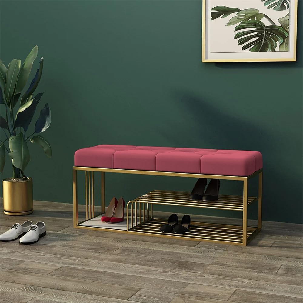 Metal End of Bed Bench-Upholstered Entry Shoe Storage with Nailhead Trim,Black Mental Frame Ottoman Bench for Bedroom Entry Window Mudroom Living Room (Pink)