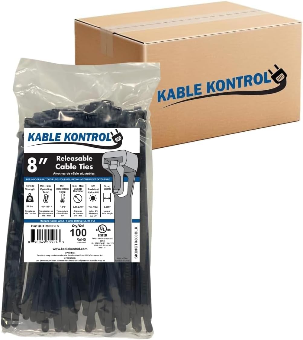 Kable Kontrol Reusable Cable Zip Ties 8 Inch 5200 Pcs Black, 50 Lbs Tensile Strength, Self-Locking, Multipurpose Trigger Releasable & Adjustable Nylon Plastic cord wraps for indoor & Outdoor use