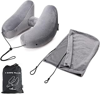 Exgox ネックピロー 飛行機 H型 エアーピロー 首枕まくら コンパクト 持ち運び便利 軽量 旅行 携帯枕 飛行機/車/バス/新幹線/ソファ/椅子/オフィスに適用 お昼寝/仮眠用 空気枕 快眠 快適 安眠 収納袋付き (グレー/フード付き)