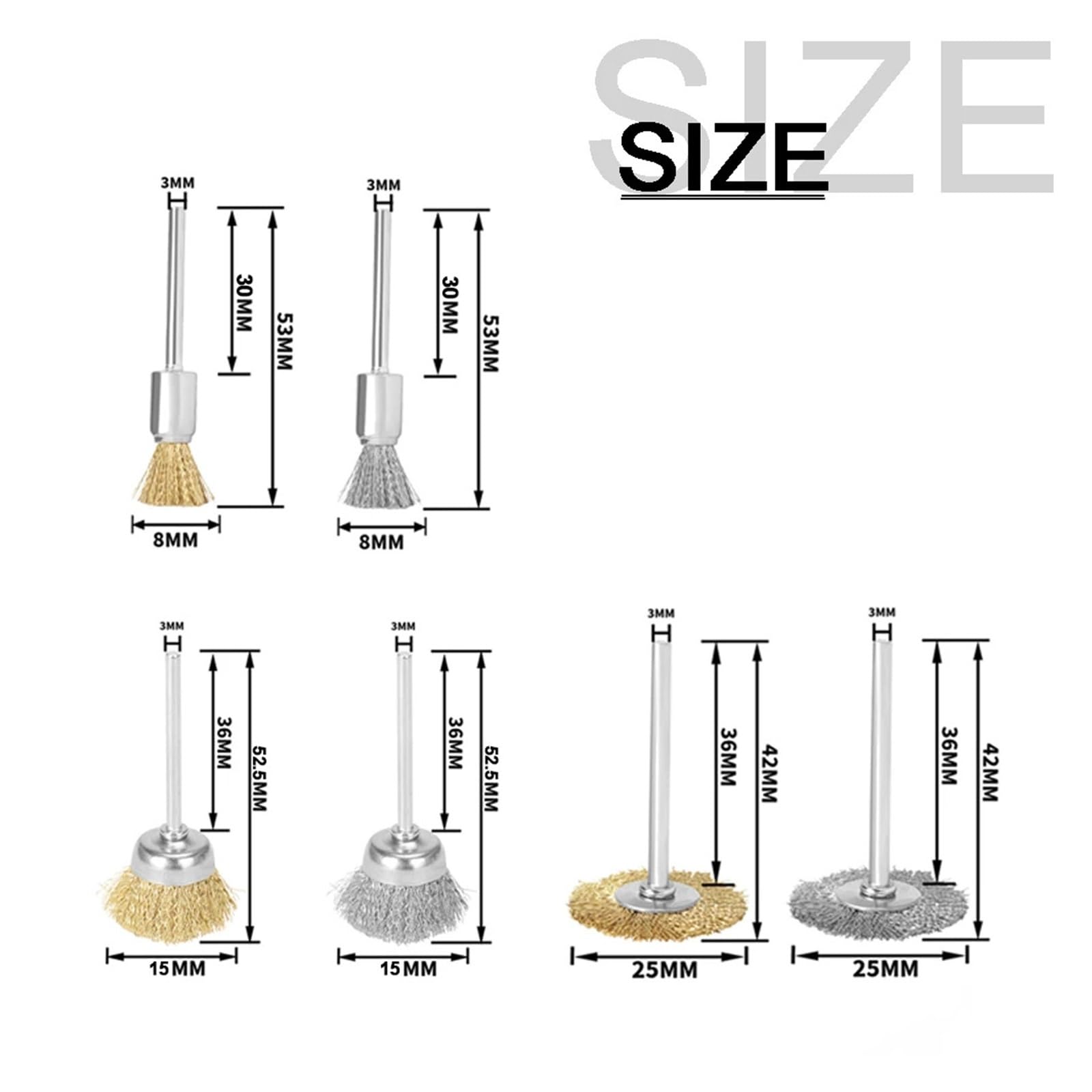 9/36 pz 8/15/25mm Mini Ottone Filo di Acciaio inossidabile Set spazzole for ruote Tazza/Attrezzo rotante a forma T Adatto per lucidatura e levigatura(36pcs mix)