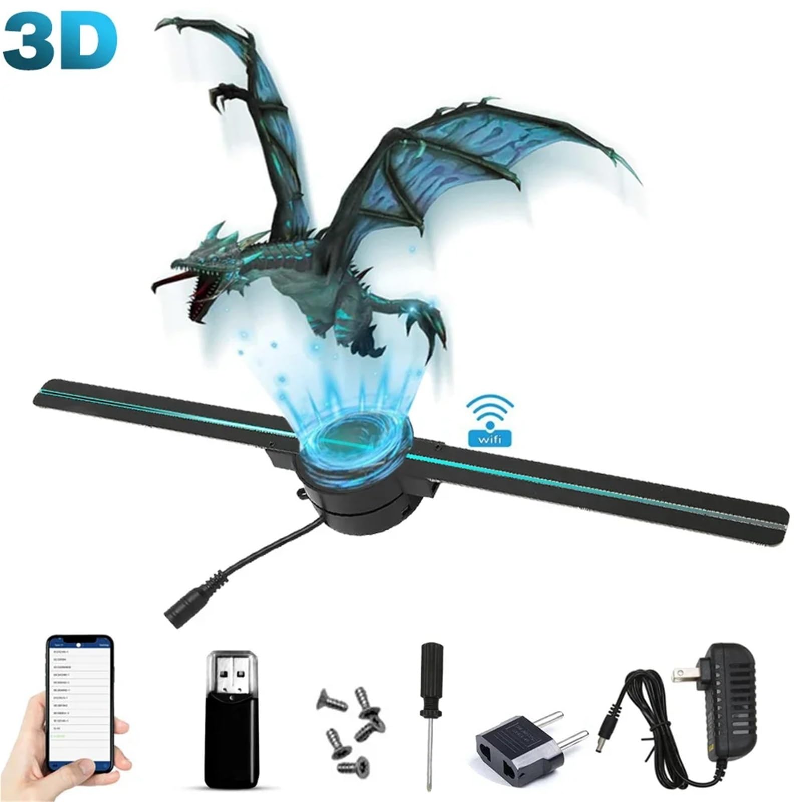 3D Hologram Fan 42CM WiFi Holographic Projector Advertising Display Light HD for Stores Bars Party Xmas(US-EU Plug)