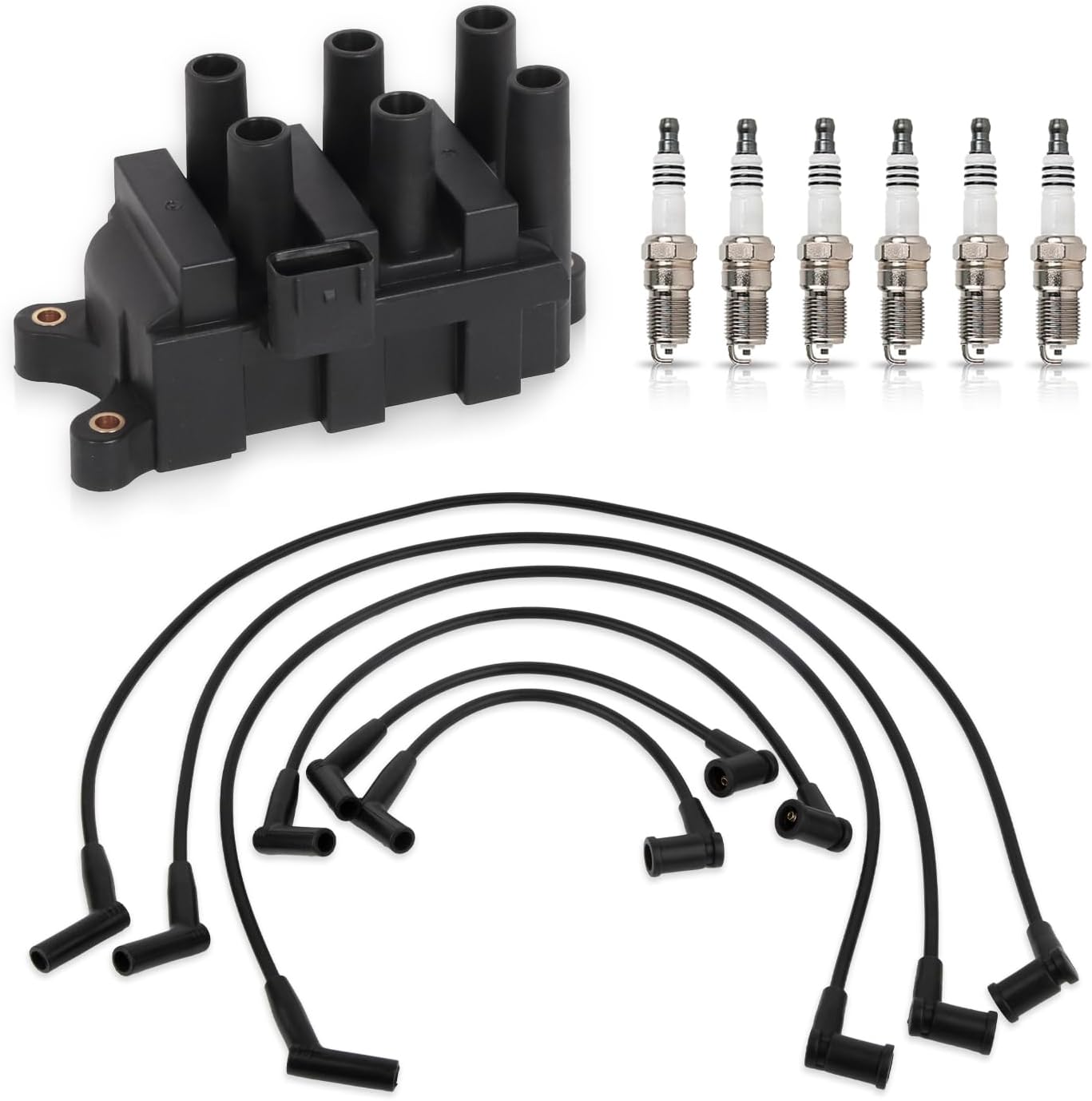 ENA Set of 1 Ignition Coil with 6 Spark Plugs and Wire Set Compatible with Ford 2004 2005 2006 2007 2008 Ranger 3.0L V6 Replacement for FD498 C1312 3354 SP413