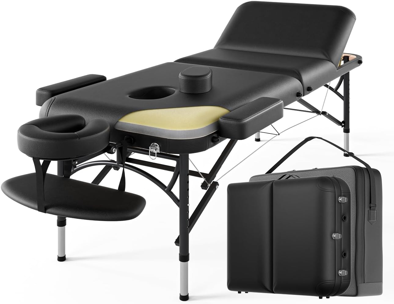 Professional Massage Table Portable 3 Fold Premium Memory Foam Aluminium Leg Hold Up to 1100LBS 8 Heights Adjustable with Carrying Bag Black