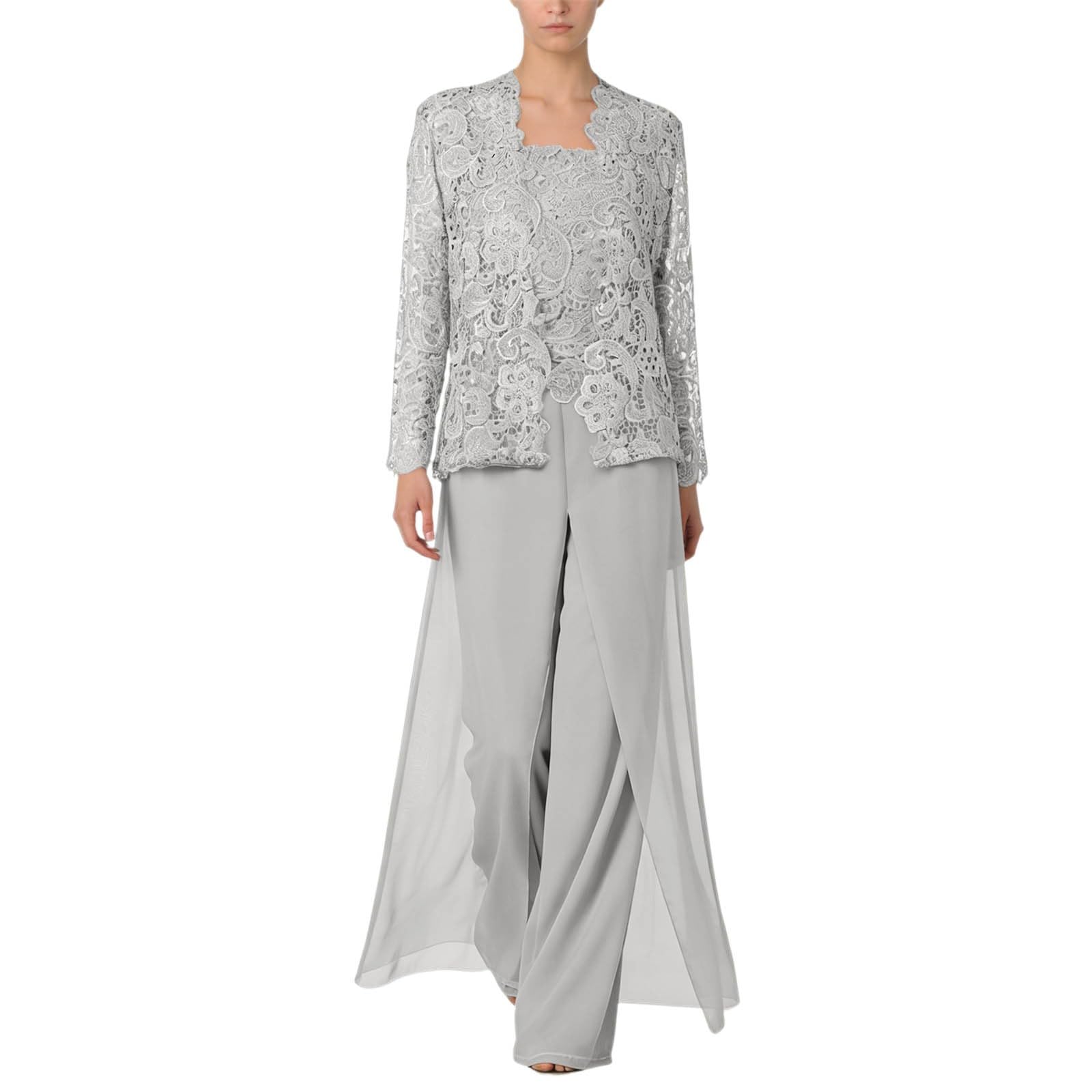 Generisch Combinaison festive pour femme - En mousseline de soie - 3 pièces - Pour mariage - Élégante - Avec veste en dentelle - En coton doux - Avec poches - Combinaison de sport et de loisirs