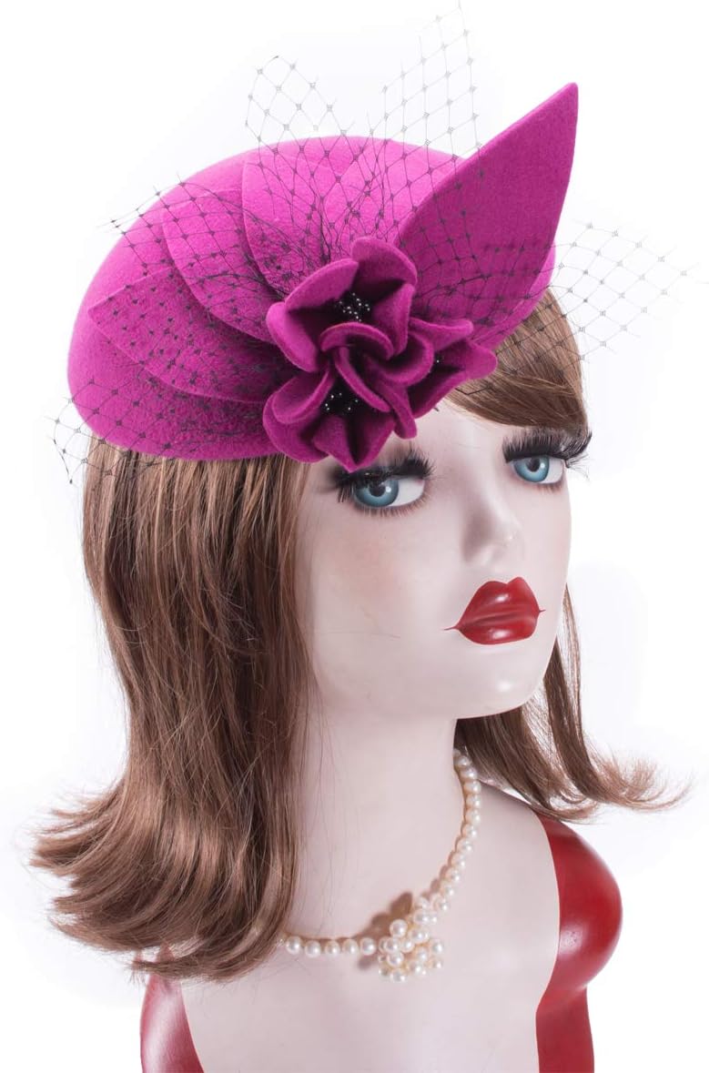 Lawliet Womens Ladies Socialite Flower Black Pearl Wool Felt Fascinator Pillbox Tilt Hat A044 (Hot Pink)