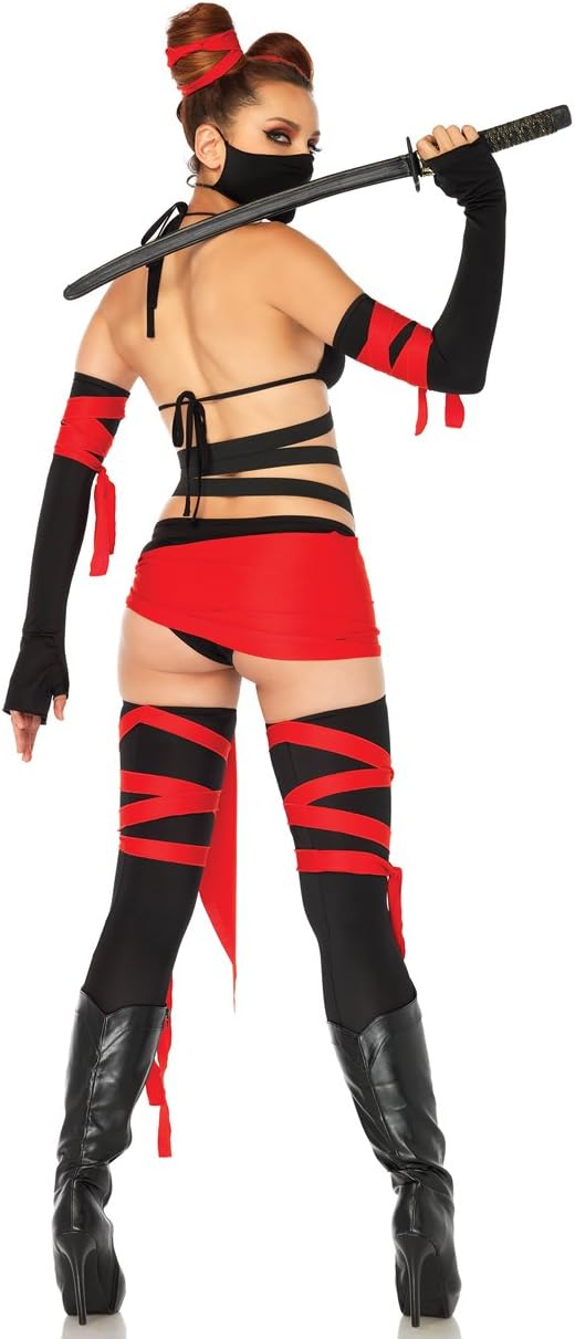Leg Avenue womens 6 Pc Killer Ninja Costume With Bikini Bodysuit, Thigh Highs, Arm Warmers, Waist Sash, Hair Wraps, Face Mask