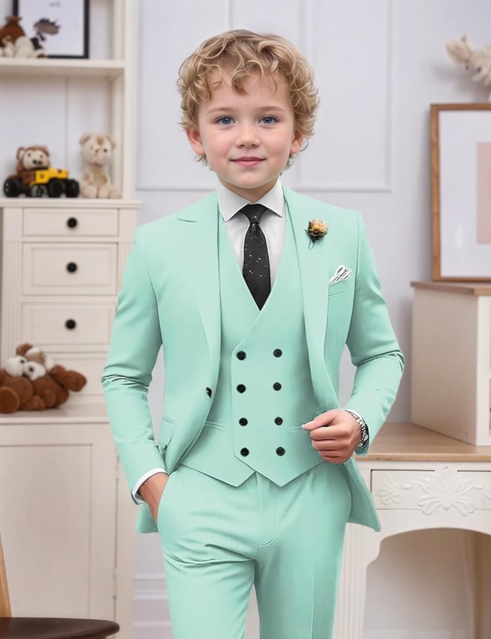 Kids Tuxedo 3 Pieces Double Breasted Slim Fit Suit for Boy Wedding Outfit Jacket Pant Set
