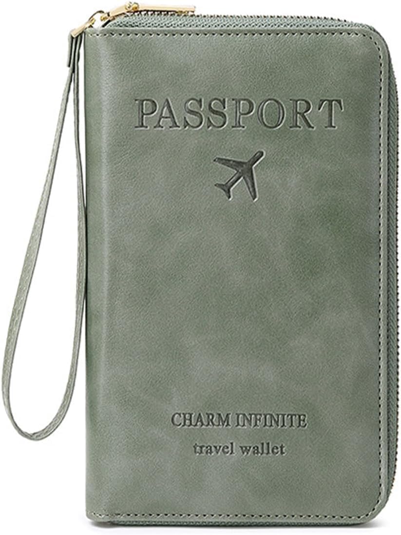 Rowgins Multi-Functional RFID Passport Wallet with Smooth Zipper and Organized Compartments for Secure Travel (Green)