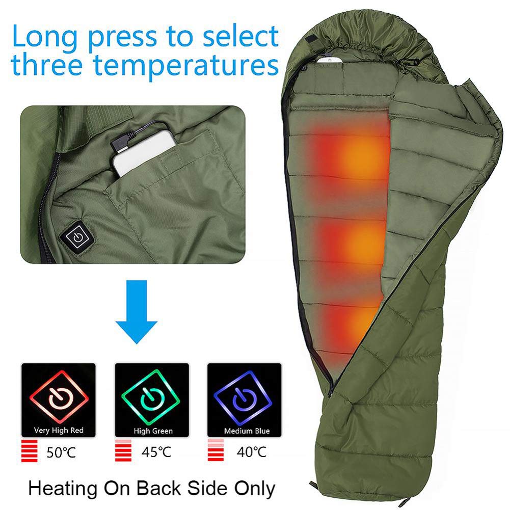 Sac de couchage chauffant USB pour adulte - Étanche - Pour temps chaud et froid - 3 saisons - Pour le camping, les voyages, la randonnée, les activités de plein air