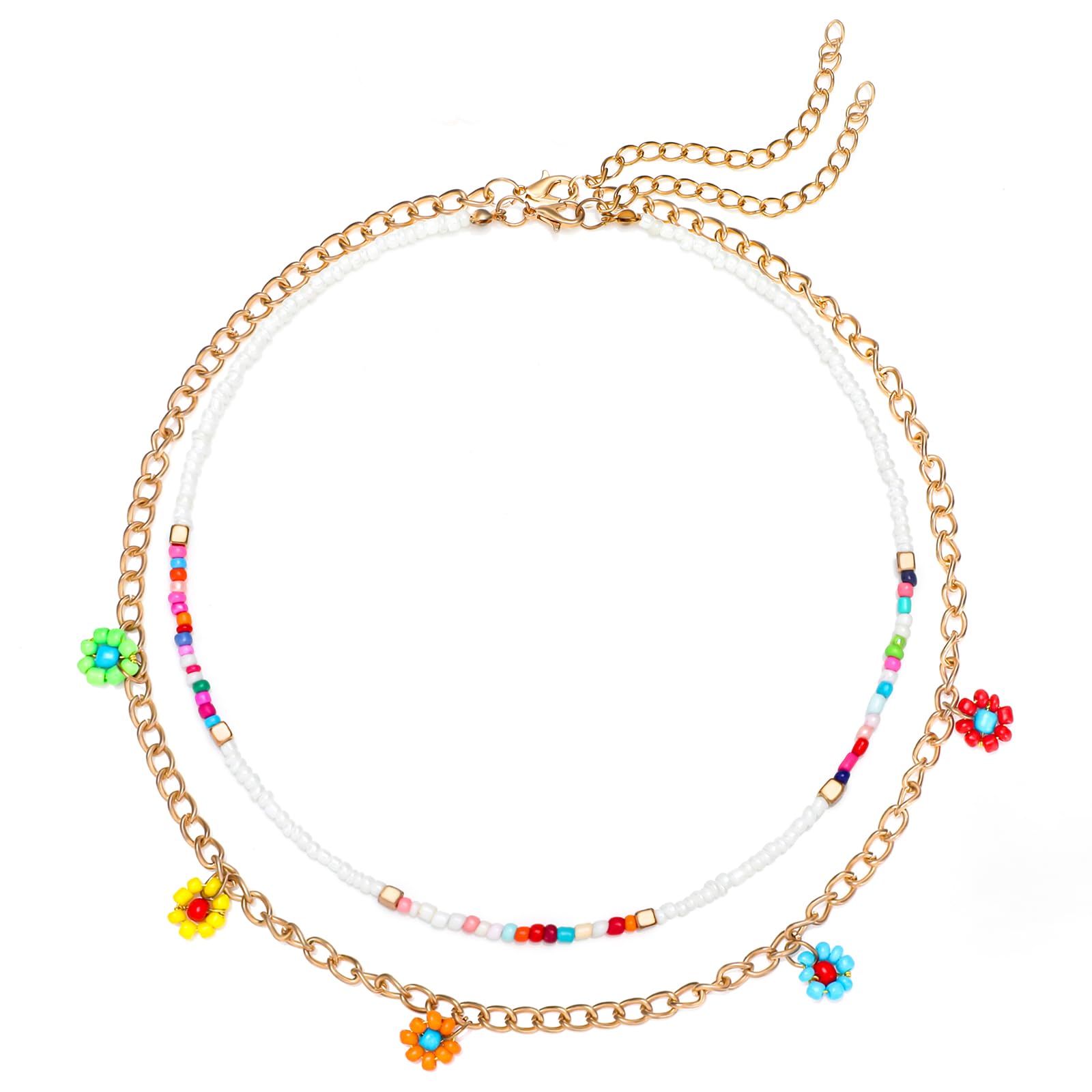 HellodrBeaded Necklace, Colorful Bead Layered Necklaces for Women Trendy Flower Choker Y2K Aesthetic Handmade Boho Beach Statement Necklace Jewelry Gifts for Women