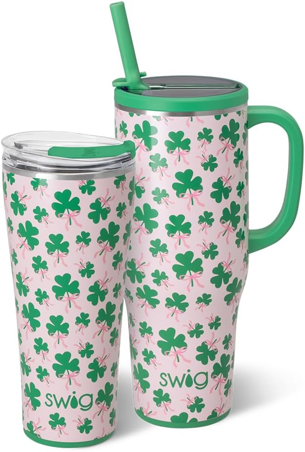 Swig Life Clover Crush Mega Set, 40oz Travel Mug with Handle and Lid and Straw + 32oz Triple Insulated Tumbler with Lid, Stainless Steel, Dishwasher Safe, Cup Holder Friendly Coffee Mugs