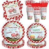 Xenorik Red Tractor Birthday Decorations Party Tableware - Farm Tractor Birthday Party Supplies, Paper Plate, Cup, Napkin, Disposable Cutlery, Farm Tractor Party Supplies Dinnerware | Serve 24