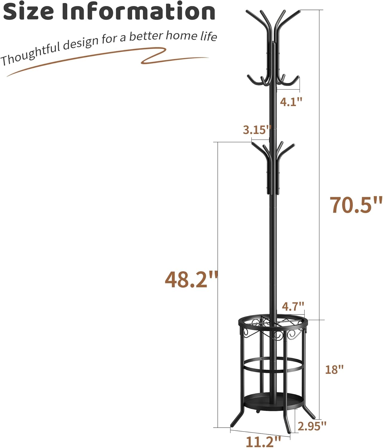 FILWH Coat Rack Freestanding with Umbrella Stand Coat Rack Stand with 12 Hooks Metal Coat Tree Coat and Hat Hanger Jacket Entryway(Black)
