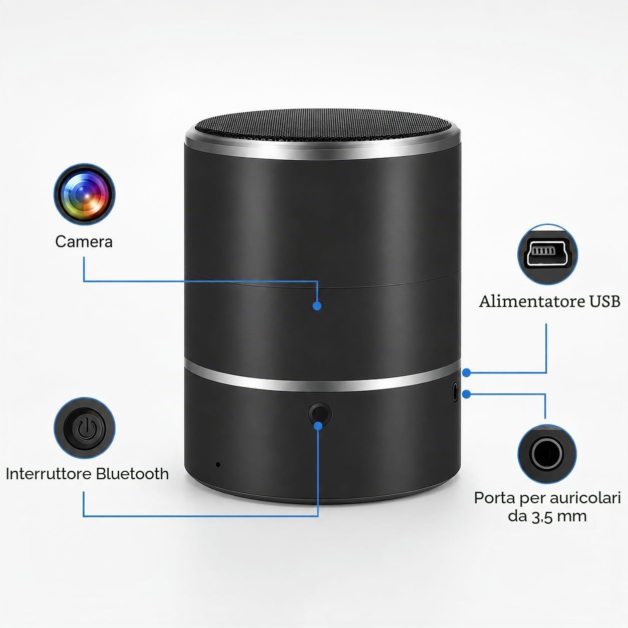 Telecamera spia nascosta, altoparlante WiFi Bluetooth con obiettivo rotante a 180°, telecamera wireless HD 1080p, rilevamento del movimento, app live streaming per sorveglianza domestica e ufficio