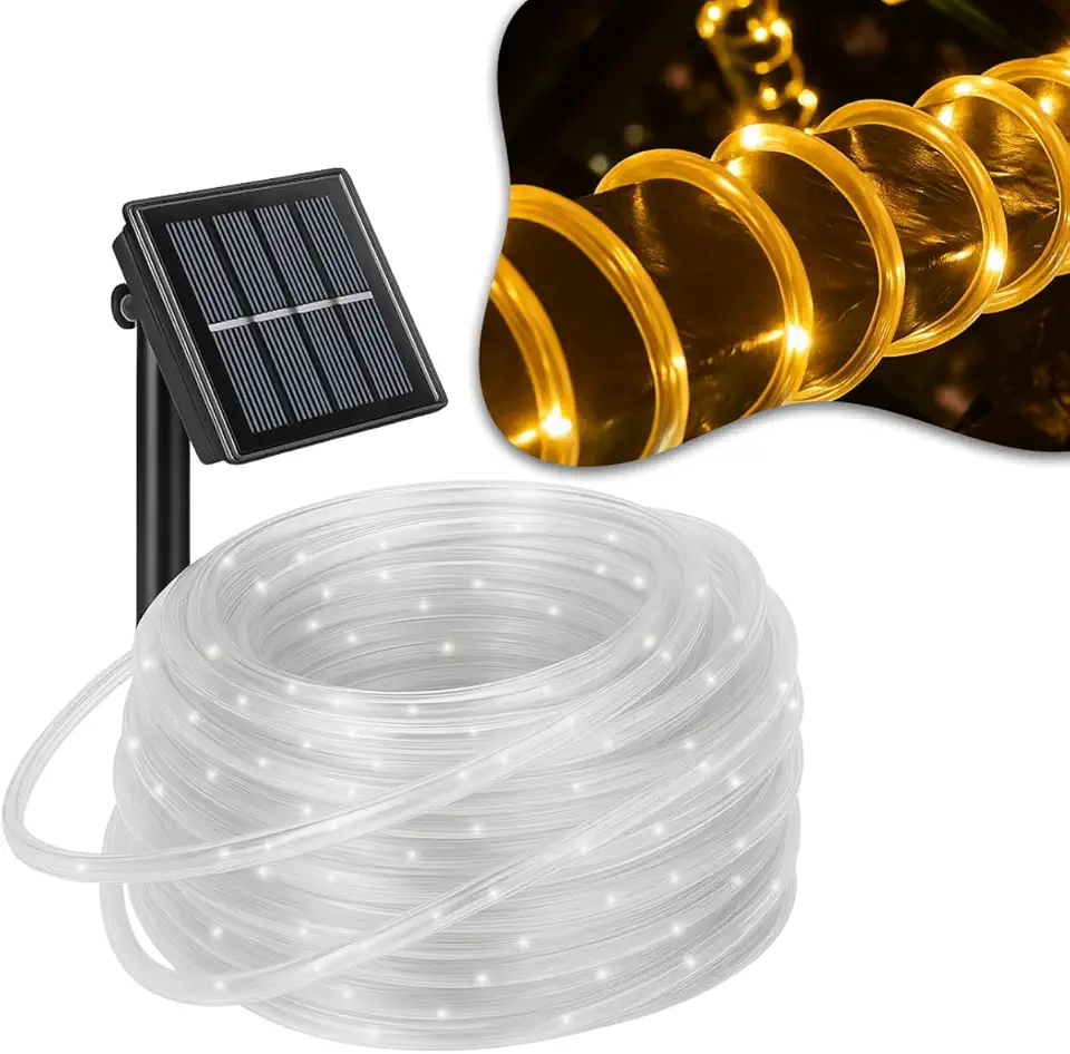 Pisca-Pisca Branco Quente LED Energia Solar Mangueira 20M IP65 Natal