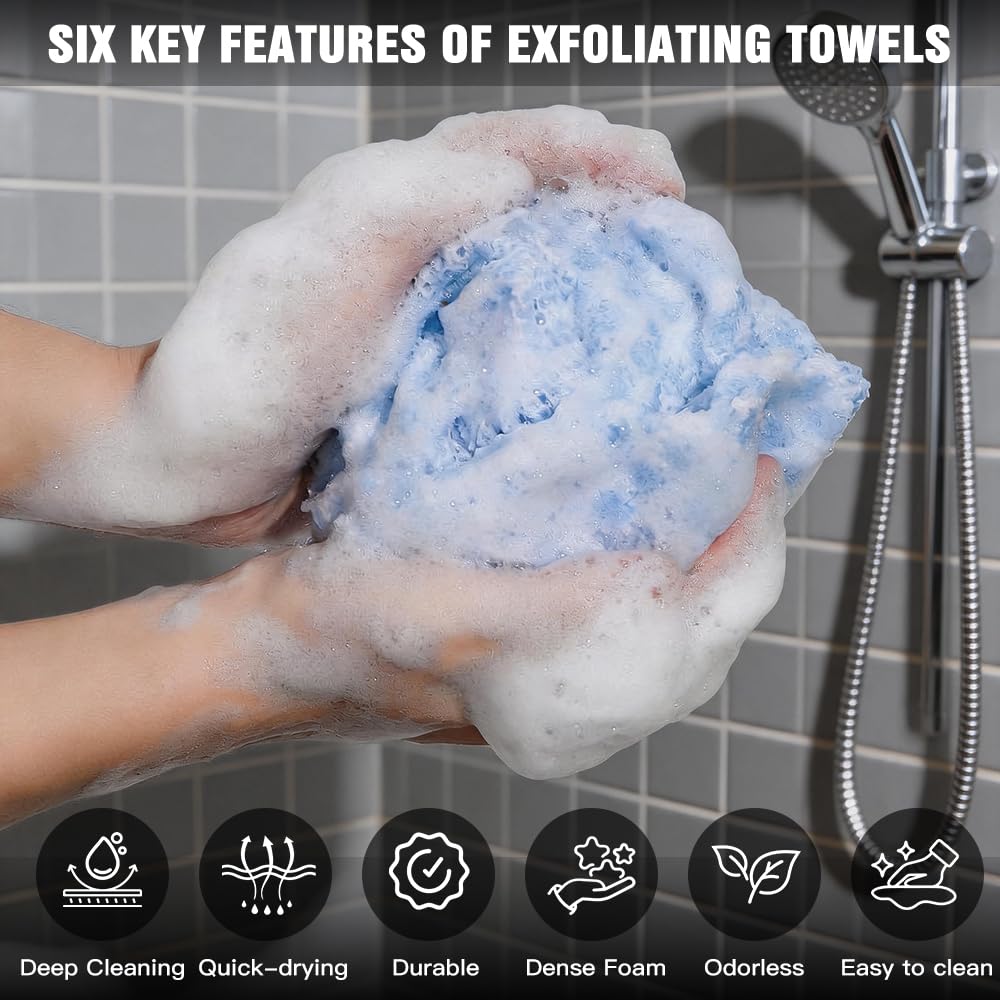 Serviette Exfoliante Douche 2 Pièces, Brosse de Dos, Gant Exfoliant, Éponge de Douche, Accessoire Gommage Corps pour Homme Femme (Rose+Bleu)