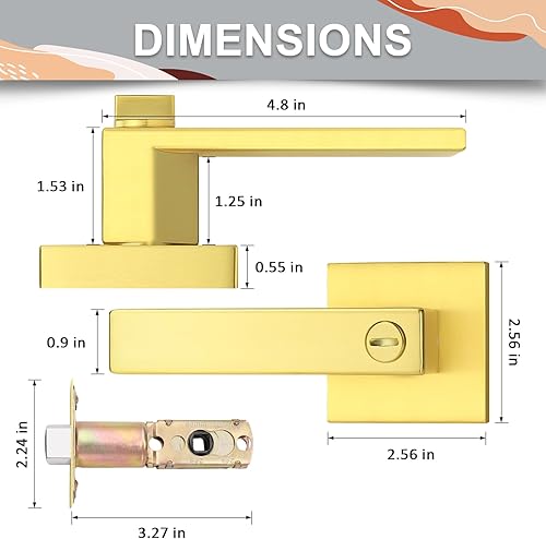 Miniatura 7 de Probrico Paquete de 2 palancas de privacidad doradas cuadradas para cerradura de puerta, sin llave, manijas interiores, manijas de puerta, pomos de
