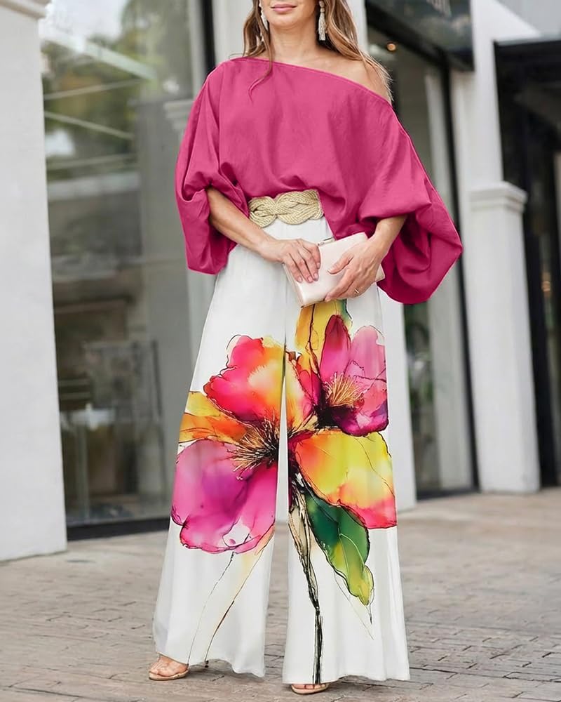 CHICME Women Summer 2 Piece Outfits Off Shoulder Top Flowy Wide Leg Pants Set Vacation Travel Airport Outfits