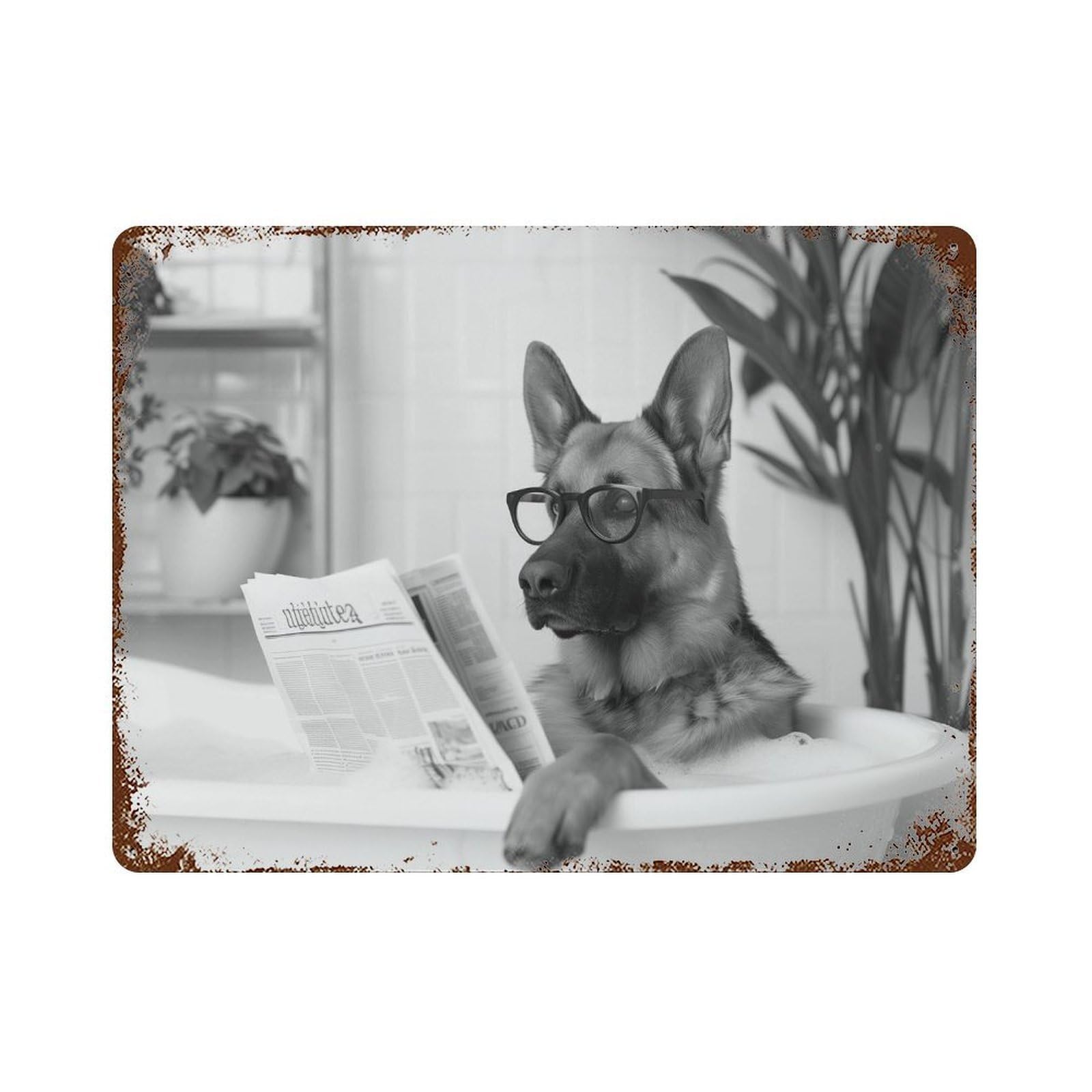 xiaoxiaoshen German Shepherd in Bathtub Print Wall Decor Art Metal Tin Poster Modern Home Decor Art Home Bar Shop Decorations Vintage Sign 30x40cm