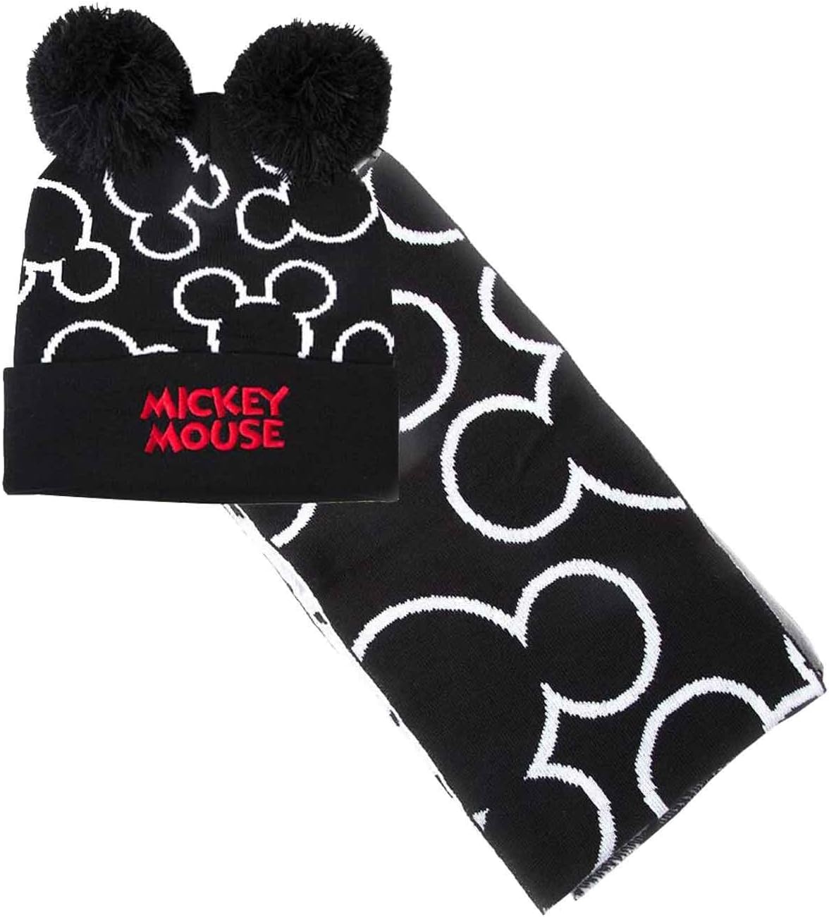 Disney Mickey Mouse Silhouette Bobble Beanie And Scarf Gift Set, Unisex, Black/white Gs872243mck