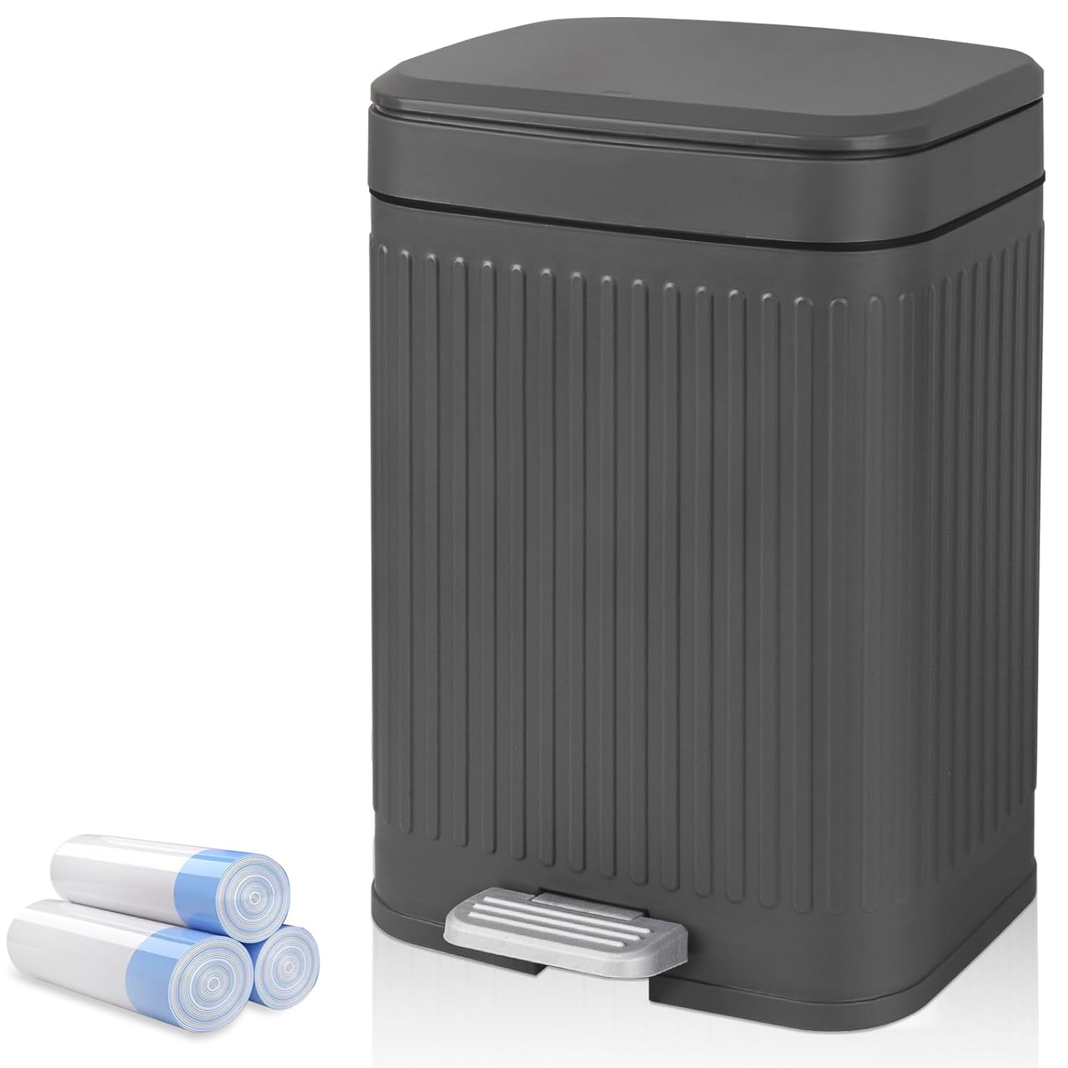 rejomiik Small Bathroom Trash Can with Lid 2.1 Gallon Soft Close Step Slim Garbage Can Waste Bin for Office, Bedroom, Kitchen, Dark Gray 2.1 Gallon Dark Gray